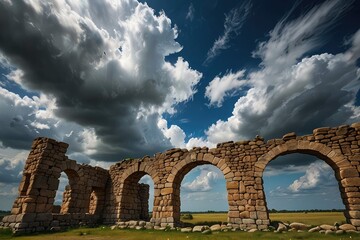 Ancient Stone Arch Ruins Against Dramatic Sunset Sky