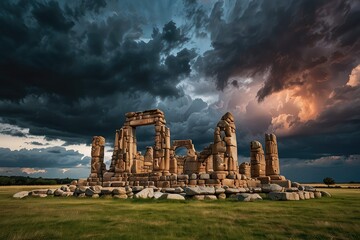 Ancient Stone Arch Ruins Against Dramatic Sunset Sky