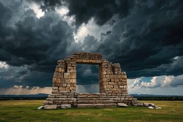 Ancient Stone Arch Ruins Against Dramatic Sunset Sky