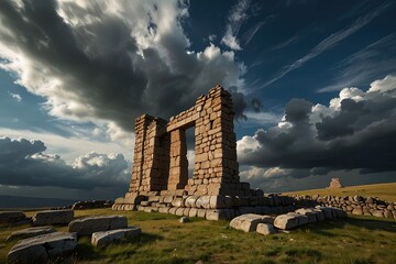 Ancient Stone Arch Ruins Against Dramatic Sunset Sky