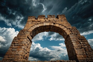 Ancient Stone Arch Ruins Against Dramatic Sunset Sky