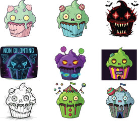 PrintCreepy Halloween Cupcake Vector Collection with Scary Faces, Zombie Eyes, Dripping Icing, Horror Style, Circus Theme, Cartoon Characters, and Colorful Designs