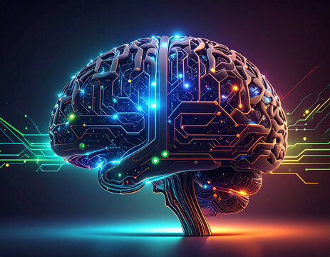 Futuristic cybernetic brain glowing with electric circuits technology