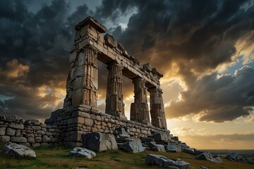 Ancient Stone Arch Ruins Against Dramatic Sunset Sky