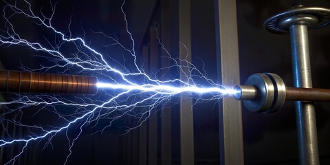 Electric arc dances between metal rods, illuminating a dark workspace with dynamic energy and mesmerizing light