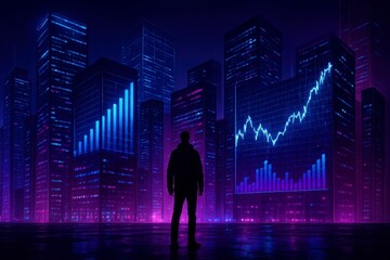 Silhouette of a person facing a futuristic cityscape with glowing digital financial market data visualizations