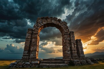 Ancient Stone Arch Ruins Against Dramatic Sunset Sky