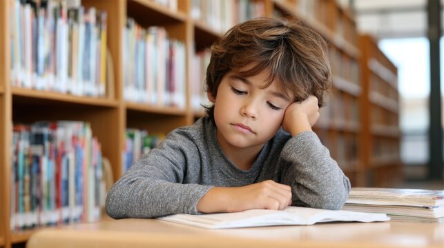 A young boy with closed eyes rests his head on his hand, looking bored or tired while studying at a library desk with books around him. - Powered by Adobe