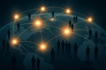 Global network of interconnected people illuminated by bright nodes representing connections and communication