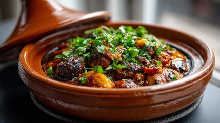 Aromatic and flavorful tagine dish, showcasing rich textures and warm spices, with a terracotta pot, garnished with fresh herbs.