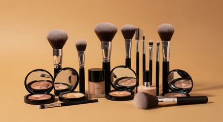 A still life arrangement of makeup brushes and compacts on a tan background
