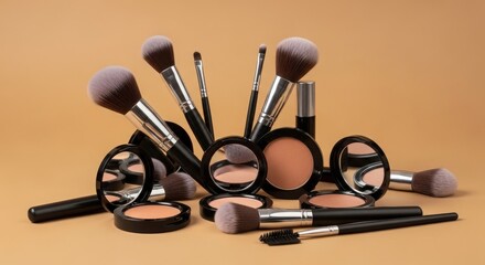 A still life arrangement of makeup brushes and compacts on a tan background