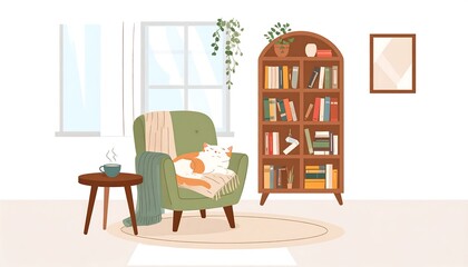 Cozy living room scene with a cat