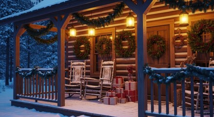 Fototapeta premium Cozy Log Cabin Winter Holiday Scene with Gifts and Garlands