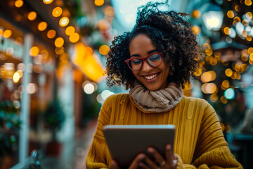 Happy female standing and using a tablet