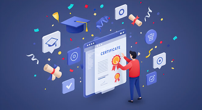 Online education certificate and graduation cap diploma with modern graphic elements conveying achievement and learning