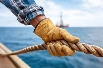 A gloved hand firmly gripping a heavy duty rope on a vessel, with an offshore oil rig visible in the distant sea.