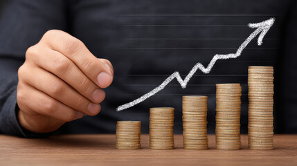 Businessman illustrating wealth growth strategies with coins office setting digital art professional environment close-up viewpoint