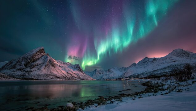 Vibrant aurora borealis illuminates a snow-covered mountain range and calm fjord, reflecting in the still water under a starlit sky