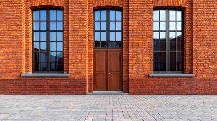 Obraz premium Red Brick Building Facade With Dark Framed Windows and Central Wooden Doorway