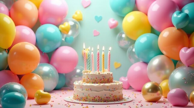 Festive birthday cake with lit candles surrounded by colorful balloons and hearts party celebration - Powered by Adobe