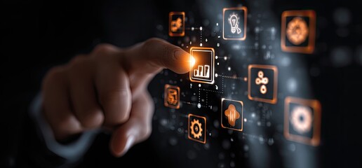 A hand touches a glowing, interactive interface with various icons