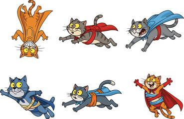 PrintFunny superhero cats flying and jumping in colorful costumes, cartoon feline characters in action, comic animal heroes vector illustration pack