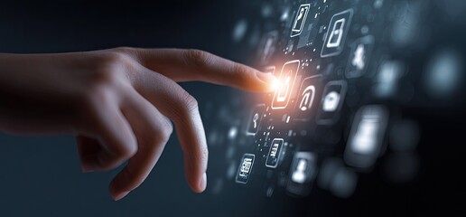 A hand interacts with a holographic interface displaying numerous digital icons