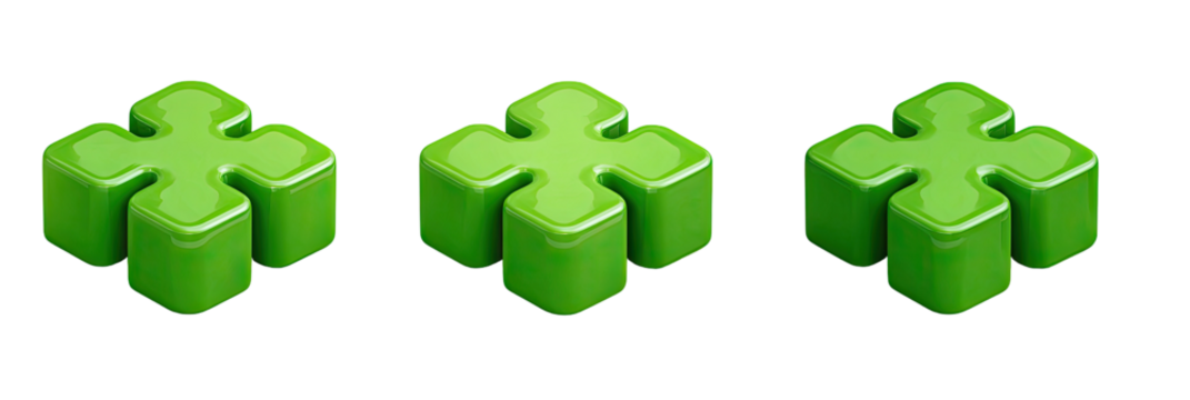 Three 3D green plus signs on a black background