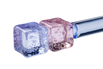 Two translucent ice cubes, one light purple, one light pink, held by a clear tube