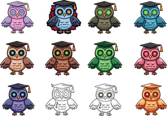 PrintSet of Cute Colorful Graduation Owls in Caps with Glowing Eyes, Cartoon Animal Mascots for Education, School, and Learning Projects