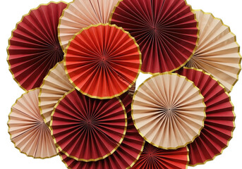 Elegant Red and Beige Paper Fans with Golden Trim on Transparent Background
