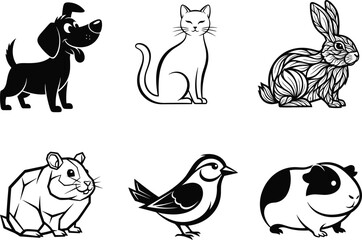 PrintCute pet animals vector illustration, includes dog, cat, rabbit, hamster, guinea pig, and bird clipart, perfect for kids, design, and decoration