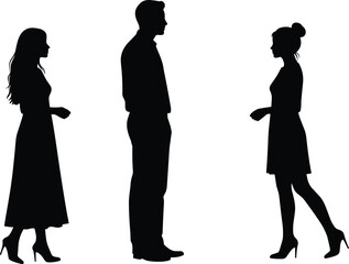 Silhouettes of two women and one man standing, crossed arms, facing each other, isolated on white, business team concept, discussion