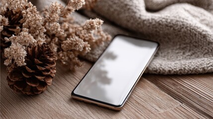 Fototapeta premium Autumn vibes smartphone mockup in vibrant nature background - eye-level view