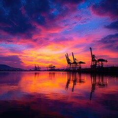 Obraz premium Vibrant sunset over a calm harbor, silhouetted industrial cranes reflecting in the tranquil water, creating a dramatic, colorful scene