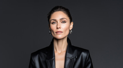 Confident woman in black leather blazer with sleek hairstyle posing against dark gray studio background, showcasing strong fashion attitude, elegance, and modern editorial style