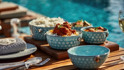 Indian Cuisine Served Outdoors Near a Swimming Pool.