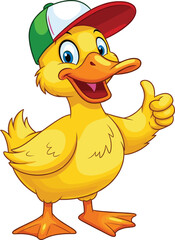 Cartoon yellow duck wearing green cap, cute animal mascot character, funny bird illustration, happy smiling duck with thumbs up, kids cartoon design