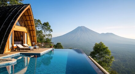 Stunning resort villa with an infinity pool offering breathtaking panoramic views of a majestic volcano and lush green landscape under a clear blue sky.