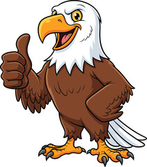 Cartoon bald eagle mascot character, strong American bird illustration, patriotic eagle with thumbs up, powerful animal symbol, funny smiling cartoon design