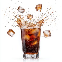 A refreshing soda with ice cubes splashing in a glass.