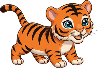 Cute cartoon baby tiger cub illustration, adorable jungle animal character, playful wild cat drawing, exotic wildlife predator design, funny big cat art