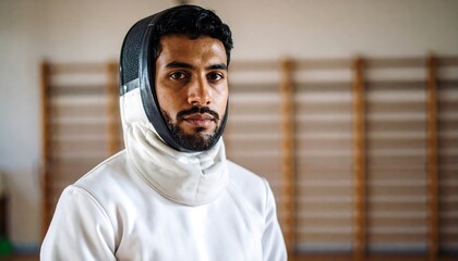Close-up portrait of a serious fencer in a white uniform, focused gaze, and protective gear, against a blurred background of wooden training equipment.