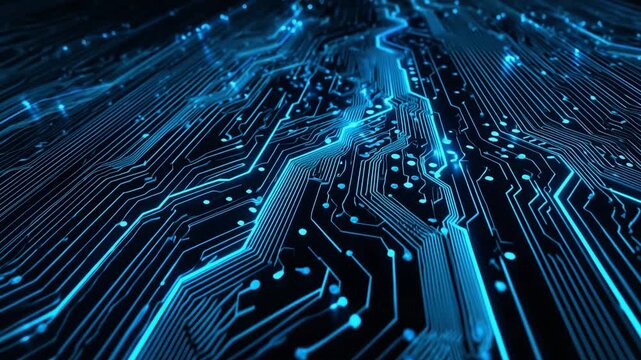 Digital glowing circuit board with futuristic electronic network lines