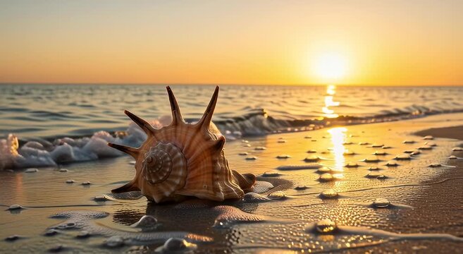 Close-up of spiked sea shell on sandy beach at sunset with ocean waves, golden hour nature background perfect for travel and relaxation themes