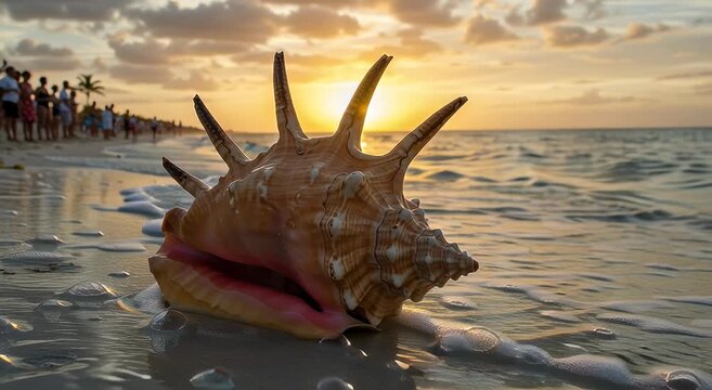 Large spiky conch seashell on sandy beach with ocean waves and sunset, tropical seashore scene perfect for vacation or travel themes
