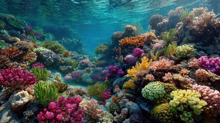 Vibrant coral reef underwater scene, ocean floor, sunlight