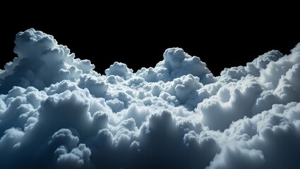 A mesmerizing view of a fluffy, layered cloudscape set against a dark sky. The clouds appear to be illuminated, creating a sense of depth and serenity.