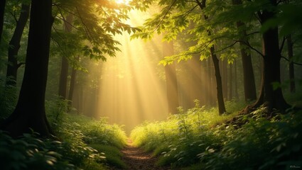 Obraz premium Sunbeams Illuminate Forest Path Green Lush Trees Sunlight